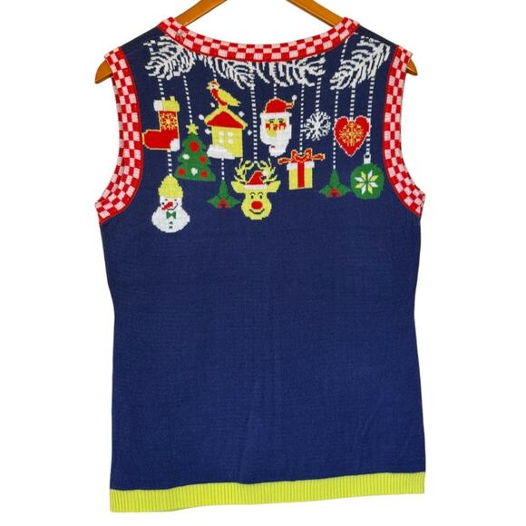 Ugly Christmas Sweater Vest Women M Blue Reindeer Funny Merry Santa Tree Lights - Picture 4 of 7
